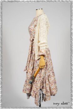 Elliot Jacket in Ethereal Cream Floral Knit; Fairholme Dress in Ethereal Floral Cotton Voile; Fairholme Sash in Ethereal Floral Cotton Voile; Fairholme Frock in Plum Tree Wispy Plaid Cotton. Ivey Abitz bespoke clothing.