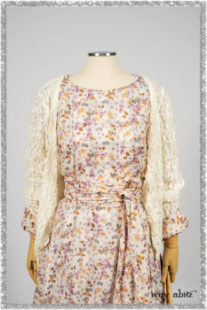 Elliot Jacket in Ethereal Cream Floral Knit; Fairholme Dress in Ethereal Floral Cotton Voile; Fairholme Sash in Ethereal Floral Cotton Voile; Fairholme Frock in Plum Tree Wispy Plaid Cotton. Ivey Abitz bespoke clothing.