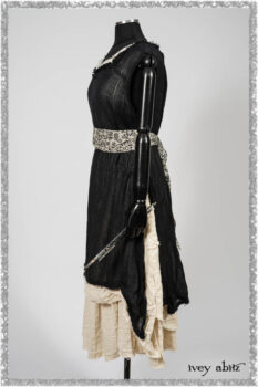 Ardsley Frock Beacon Black Hemstitch Stripe Gauze; Ardsleydale Frock in Ethereal Cream Embroidered Crushed Plaid; Clotaire Sash in Ethereal Cream and Black Fleur Stretch Cotton. Ivey Abitz bespoke clothing.