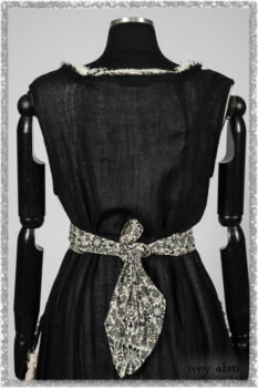 Ardsley Frock Beacon Black Hemstitch Stripe Gauze; Ardsleydale Frock in Ethereal Cream Embroidered Crushed Plaid; Clotaire Sash in Ethereal Cream and Black Fleur Stretch Cotton. Ivey Abitz bespoke clothing.