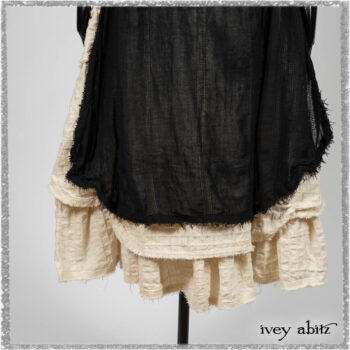 Ardsley Frock Beacon Black Hemstitch Stripe Gauze; Ardsleydale Frock in Ethereal Cream Embroidered Crushed Plaid; Clotaire Sash in Ethereal Cream and Black Fleur Stretch Cotton. Ivey Abitz bespoke clothing.