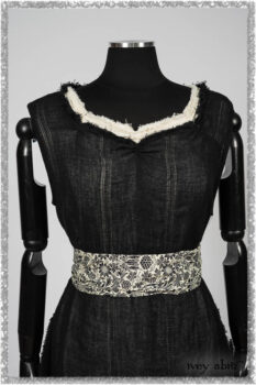 Ardsley Frock Beacon Black Hemstitch Stripe Gauze; Ardsleydale Frock in Ethereal Cream Embroidered Crushed Plaid; Clotaire Sash in Ethereal Cream and Black Fleur Stretch Cotton. Ivey Abitz bespoke clothing.