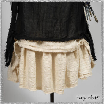 Ardsley Frock Beacon Black Hemstitch Stripe Gauze; Ardsleydale Frock in Ethereal Cream Embroidered Crushed Plaid; Clotaire Sash in Ethereal Cream and Black Fleur Stretch Cotton. Ivey Abitz bespoke clothing.