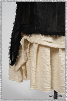 Ardsley Frock Beacon Black Hemstitch Stripe Gauze; Ardsleydale Frock in Ethereal Cream Embroidered Crushed Plaid; Clotaire Sash in Ethereal Cream and Black Fleur Stretch Cotton. Ivey Abitz bespoke clothing.