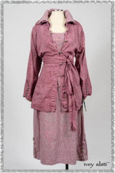 Pierrepont Shirt in Red Sky at Night Yarn Dyed Weave; Viv Frock in Red Sky at Night Stripe. Ivey Abitz bespoke clothing.