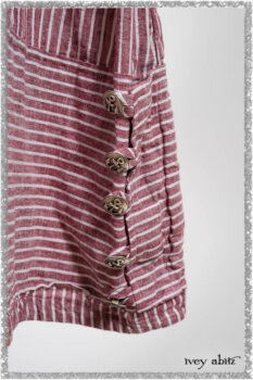Pierrepont Shirt in Red Sky at Night Yarn Dyed Weave; Viv Frock in Red Sky at Night Stripe. Ivey Abitz bespoke clothing.