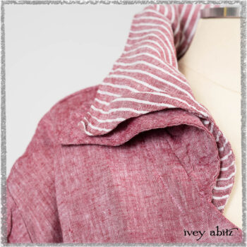 Pierrepont Shirt in Red Sky at Night Yarn Dyed Weave; Viv Frock in Red Sky at Night Stripe. Ivey Abitz bespoke clothing.