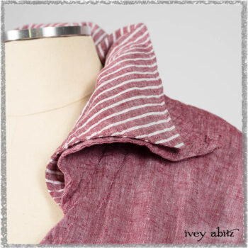 Pierrepont Shirt in Red Sky at Night Yarn Dyed Weave; Viv Frock in Red Sky at Night Stripe. Ivey Abitz bespoke clothing.