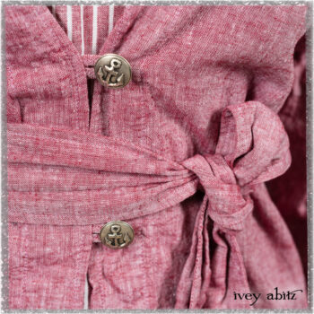 Pierrepont Shirt in Red Sky at Night Yarn Dyed Weave; Viv Frock in Red Sky at Night Stripe. Ivey Abitz bespoke clothing.