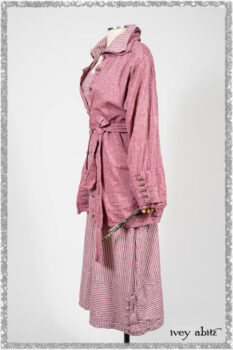 Pierrepont Shirt in Red Sky at Night Yarn Dyed Weave; Viv Frock in Red Sky at Night Stripe. Ivey Abitz bespoke clothing.
