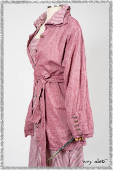 Pierrepont Shirt in Red Sky at Night Yarn Dyed Weave; Viv Frock in Red Sky at Night Stripe. Ivey Abitz bespoke clothing.