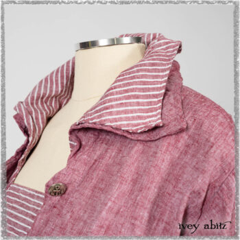 Pierrepont Shirt in Red Sky at Night Yarn Dyed Weave; Viv Frock in Red Sky at Night Stripe. Ivey Abitz bespoke clothing.