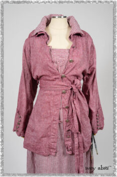 Pierrepont Shirt in Red Sky at Night Yarn Dyed Weave; Viv Frock in Red Sky at Night Stripe. Ivey Abitz bespoke clothing.