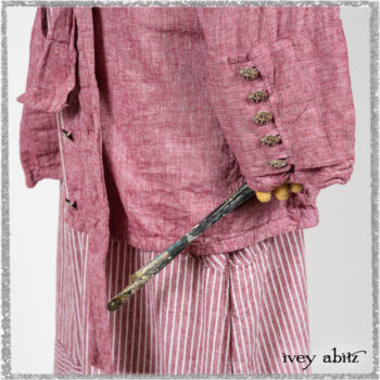 Pierrepont Shirt in Red Sky at Night Yarn Dyed Weave; Viv Frock in Red Sky at Night Stripe. Ivey Abitz bespoke clothing.