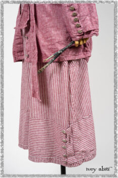 Pierrepont Shirt in Red Sky at Night Yarn Dyed Weave; Viv Frock in Red Sky at Night Stripe. Ivey Abitz bespoke clothing.
