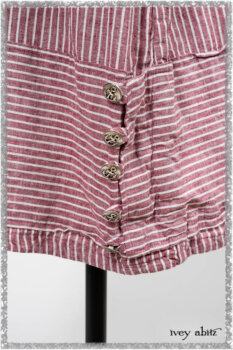 Pierrepont Shirt in Red Sky at Night Yarn Dyed Weave; Viv Frock in Red Sky at Night Stripe. Ivey Abitz bespoke clothing.