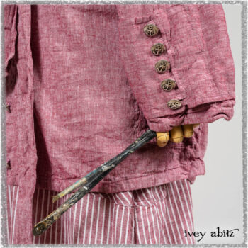 Pierrepont Shirt in Red Sky at Night Yarn Dyed Weave; Viv Frock in Red Sky at Night Stripe. Ivey Abitz bespoke clothing.