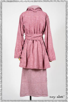 Pierrepont Shirt in Red Sky at Night Yarn Dyed Weave; Viv Frock in Red Sky at Night Stripe. Ivey Abitz bespoke clothing.