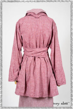 Pierrepont Shirt in Red Sky at Night Yarn Dyed Weave; Viv Frock in Red Sky at Night Stripe. Ivey Abitz bespoke clothing.