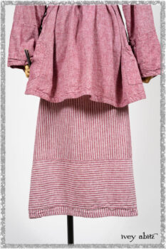 Pierrepont Shirt in Red Sky at Night Yarn Dyed Weave; Viv Frock in Red Sky at Night Stripe. Ivey Abitz bespoke clothing.