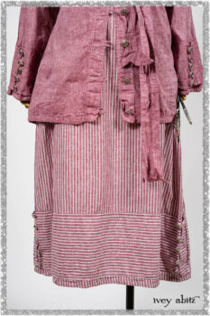 Pierrepont Shirt in Red Sky at Night Yarn Dyed Weave; Viv Frock in Red Sky at Night Stripe. Ivey Abitz bespoke clothing.