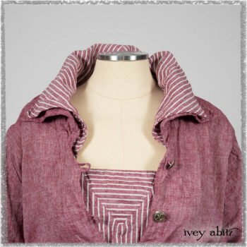 Pierrepont Shirt in Red Sky at Night Yarn Dyed Weave; Viv Frock in Red Sky at Night Stripe. Ivey Abitz bespoke clothing.