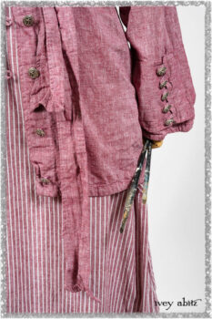 Pierrepont Shirt in Red Sky at Night Yarn Dyed Weave; Viv Frock in Red Sky at Night Stripe. Ivey Abitz bespoke clothing.