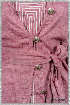 Pierrepont Shirt in Red Sky at Night Yarn Dyed Weave; Viv Frock in Red Sky at Night Stripe. Ivey Abitz bespoke clothing.