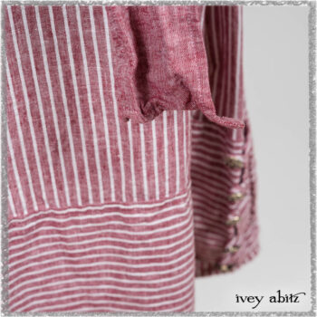 Pierrepont Shirt in Red Sky at Night Yarn Dyed Weave; Viv Frock in Red Sky at Night Stripe. Ivey Abitz bespoke clothing.