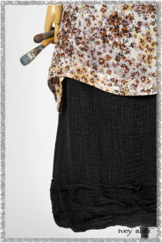 Bramley Dress in Plum Tree Watercolour Floral Voile; Cilla Slip Frock in Beacon Black Washed Ribbed Knit; Mewland Skirt in Black Washed Crinkled Linen. Ivey Abitz bespoke clothing.