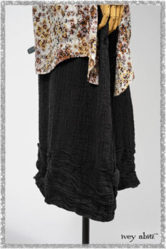 Bramley Dress in Plum Tree Watercolour Floral Voile; Cilla Slip Frock in Beacon Black Washed Ribbed Knit; Mewland Skirt in Black Washed Crinkled Linen. Ivey Abitz bespoke clothing.