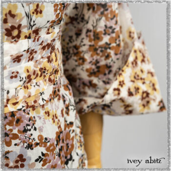 Bramley Dress in Plum Tree Watercolour Floral Voile; Cilla Slip Frock in Beacon Black Washed Ribbed Knit; Mewland Skirt in Black Washed Crinkled Linen. Ivey Abitz bespoke clothing.