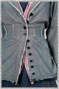 Glenclyffe Shirt in Estuary Wispy Washed Cotton; Clotaire Sash in Red Sky at Night Stripe; Glenclyffe Frock in Estuary Wondrous Washed Linen. Ivey Abitz bespoke clothing.