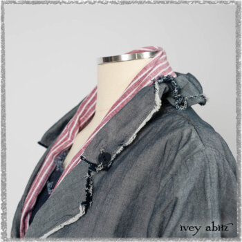 Glenclyffe Shirt in Estuary Wispy Washed Cotton; Clotaire Sash in Red Sky at Night Stripe; Glenclyffe Frock in Estuary Wondrous Washed Linen. Ivey Abitz bespoke clothing.