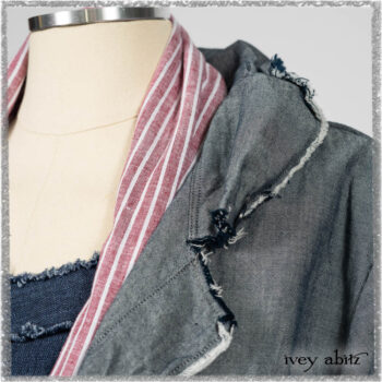 Glenclyffe Shirt in Estuary Wispy Washed Cotton; Clotaire Sash in Red Sky at Night Stripe; Glenclyffe Frock in Estuary Wondrous Washed Linen. Ivey Abitz bespoke clothing.