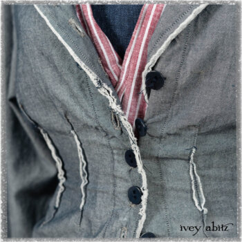 Glenclyffe Shirt in Estuary Wispy Washed Cotton; Clotaire Sash in Red Sky at Night Stripe; Glenclyffe Frock in Estuary Wondrous Washed Linen. Ivey Abitz bespoke clothing.