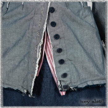 Glenclyffe Shirt in Estuary Wispy Washed Cotton; Clotaire Sash in Red Sky at Night Stripe; Glenclyffe Frock in Estuary Wondrous Washed Linen. Ivey Abitz bespoke clothing.