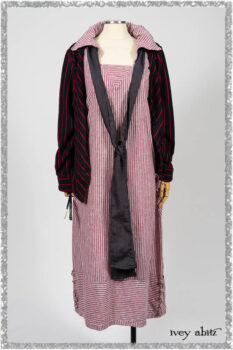 Limited Edition Gilbert Cardigan in National Seashore and Red Stripe Knit; Pierrepont Sash in National Seashore Pinstripe Voile; Viv Frock in Red Sky at Night Stripe. Ivey Abitz bespoke clothing.