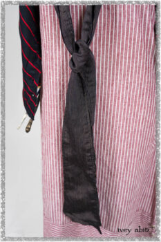 Limited Edition Gilbert Cardigan in National Seashore and Red Stripe Knit; Pierrepont Sash in National Seashore Pinstripe Voile; Viv Frock in Red Sky at Night Stripe. Ivey Abitz bespoke clothing.