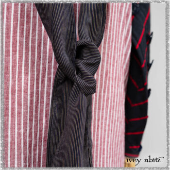 Limited Edition Gilbert Cardigan in National Seashore and Red Stripe Knit; Pierrepont Sash in National Seashore Pinstripe Voile; Viv Frock in Red Sky at Night Stripe. Ivey Abitz bespoke clothing.