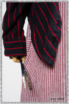 Limited Edition Gilbert Cardigan in National Seashore and Red Stripe Knit; Pierrepont Sash in National Seashore Pinstripe Voile; Viv Frock in Red Sky at Night Stripe. Ivey Abitz bespoke clothing.