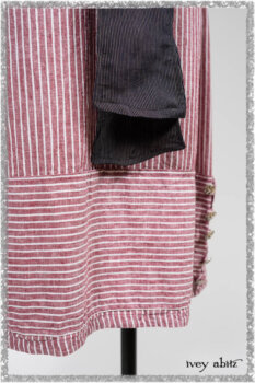 Limited Edition Gilbert Cardigan in National Seashore and Red Stripe Knit; Pierrepont Sash in National Seashore Pinstripe Voile; Viv Frock in Red Sky at Night Stripe. Ivey Abitz bespoke clothing.
