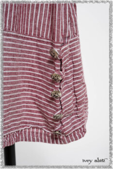 Limited Edition Gilbert Cardigan in National Seashore and Red Stripe Knit; Pierrepont Sash in National Seashore Pinstripe Voile; Viv Frock in Red Sky at Night Stripe. Ivey Abitz bespoke clothing.