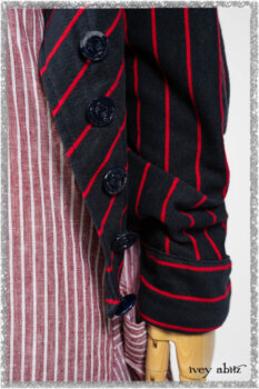 Limited Edition Gilbert Cardigan in National Seashore and Red Stripe Knit; Pierrepont Sash in National Seashore Pinstripe Voile; Viv Frock in Red Sky at Night Stripe. Ivey Abitz bespoke clothing.