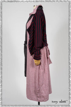 Limited Edition Gilbert Cardigan in National Seashore and Red Stripe Knit; Pierrepont Sash in National Seashore Pinstripe Voile; Viv Frock in Red Sky at Night Stripe. Ivey Abitz bespoke clothing.