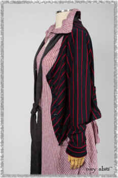 Limited Edition Gilbert Cardigan in National Seashore and Red Stripe Knit; Pierrepont Sash in National Seashore Pinstripe Voile; Viv Frock in Red Sky at Night Stripe. Ivey Abitz bespoke clothing.