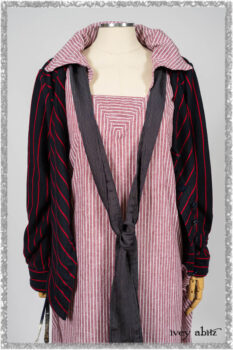 Limited Edition Gilbert Cardigan in National Seashore and Red Stripe Knit; Pierrepont Sash in National Seashore Pinstripe Voile; Viv Frock in Red Sky at Night Stripe. Ivey Abitz bespoke clothing.