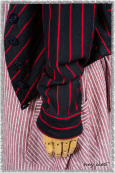 Limited Edition Gilbert Cardigan in National Seashore and Red Stripe Knit; Pierrepont Sash in National Seashore Pinstripe Voile; Viv Frock in Red Sky at Night Stripe. Ivey Abitz bespoke clothing.