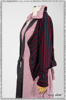 Limited Edition Gilbert Cardigan in National Seashore and Red Stripe Knit; Pierrepont Sash in National Seashore Pinstripe Voile; Viv Frock in Red Sky at Night Stripe. Ivey Abitz bespoke clothing.