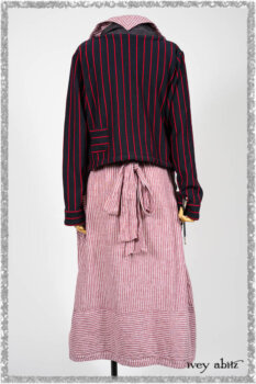 Limited Edition Gilbert Cardigan in National Seashore and Red Stripe Knit; Pierrepont Sash in National Seashore Pinstripe Voile; Viv Frock in Red Sky at Night Stripe. Ivey Abitz bespoke clothing.